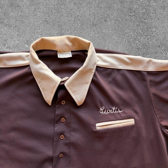 King Louie Other - Vintage 1960s King Louie Chain Stitch Brown and Cream bowling shirt Size XL
